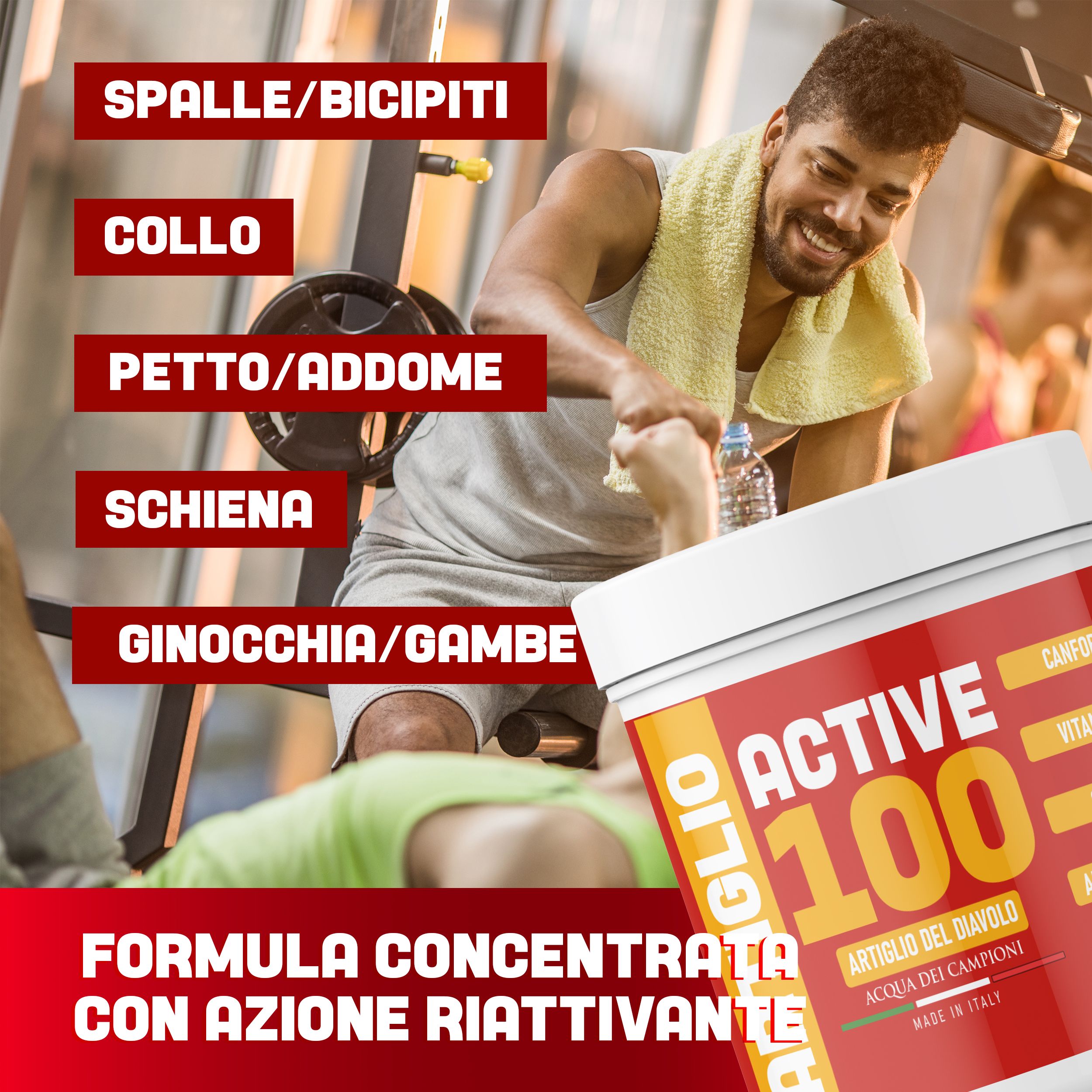 Barattolo con etichetta rossa e gialla. Testo: ACTIVE 100, Artiglio del Diavolo, Made in Italy. Uomo in palestra.