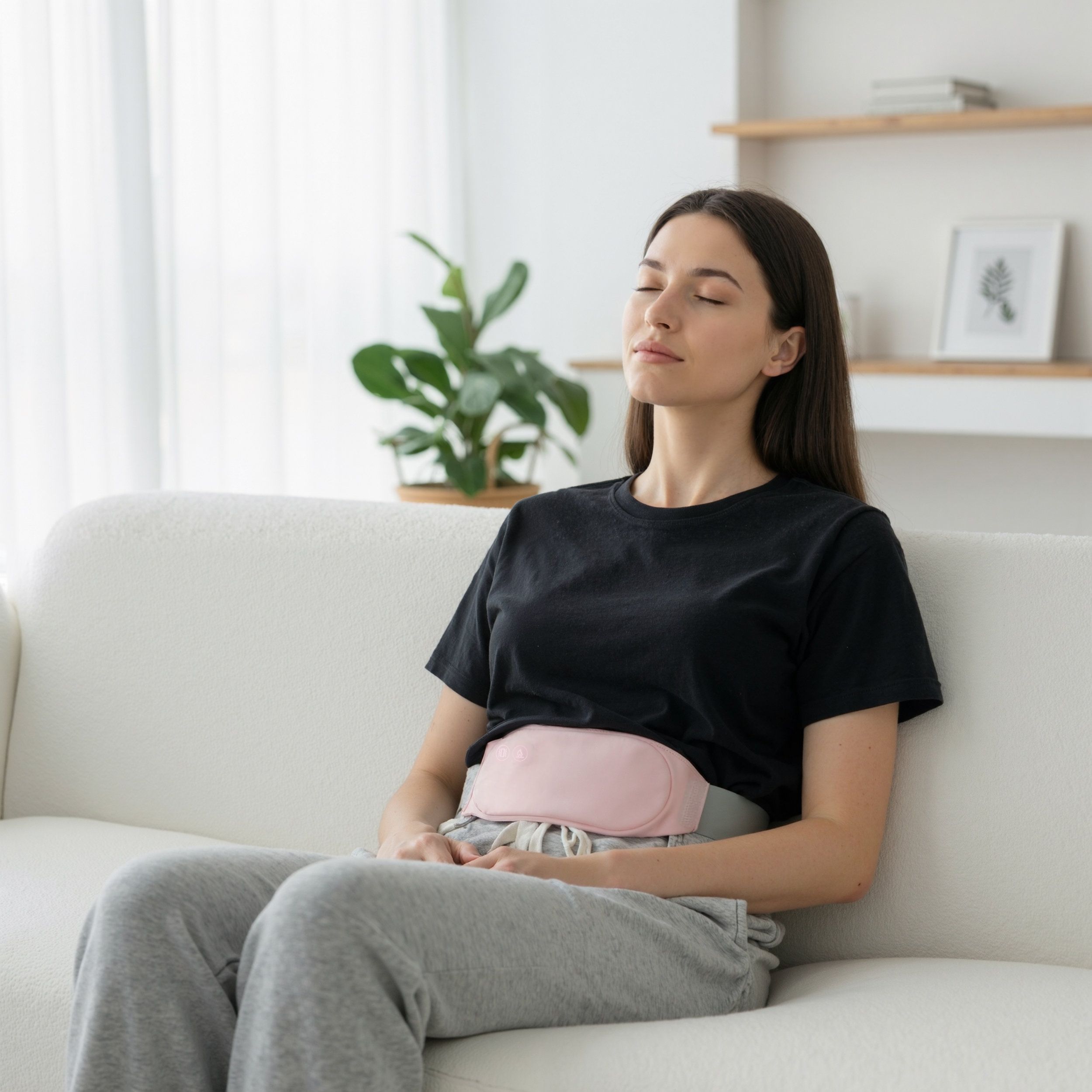 Donna seduta su un divano, indossa una fascia addominale rosa. Occhi chiusi. La fascia è sulla pancia.