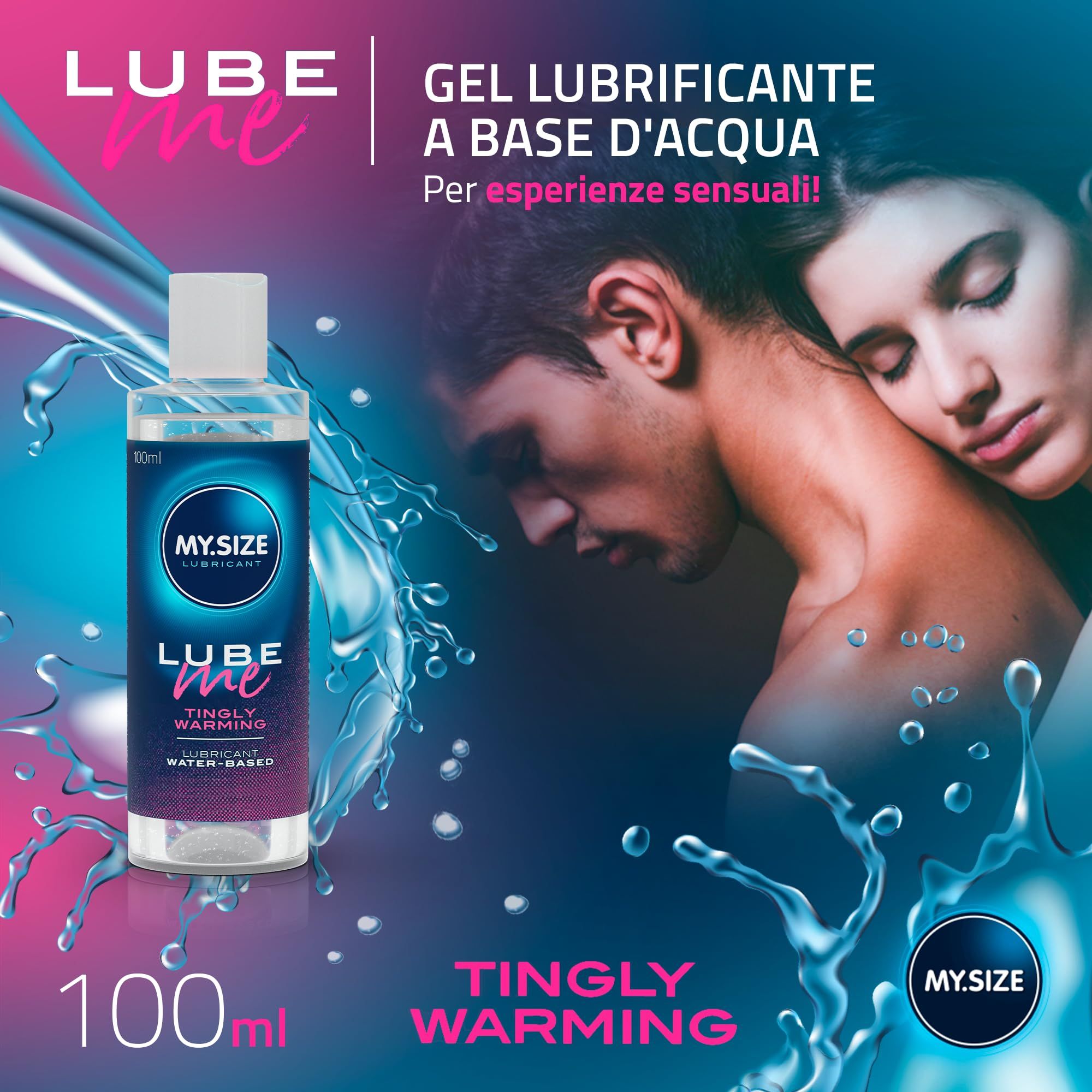 MY.SIZE Lube Me Gel Lubrificante Tingly Warming, flacone 100ml, con coppia sullo sfondo.