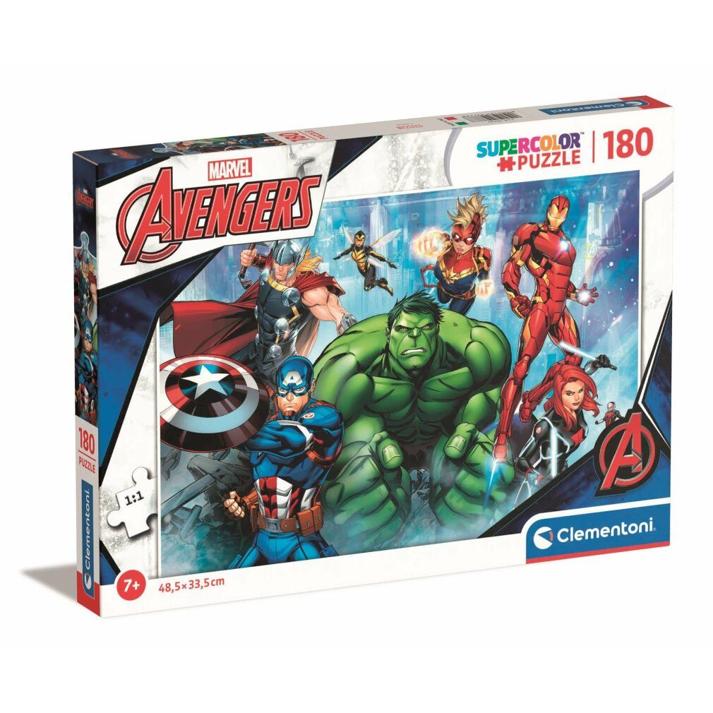Scatola puzzle Avengers. Contiene 180 pezzi. Stampa con personaggi Avengers. Marchio: Clementoni. Età consigliata: 7+. Dimensioni: 48,5x33,5 cm.
