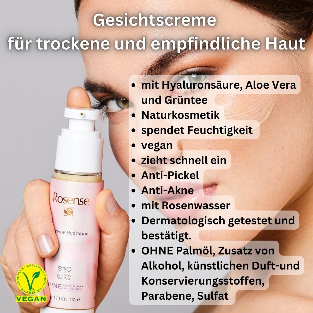 Crema viso per pelli secche. Con acido ialuronico, aloe vera e tè verde. Vegano. Dermatologicamente testato. Senza olio di palma.