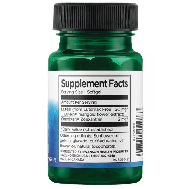 Retro del flacone verde. Etichetta con informazioni nutrizionali. Contiene luteina e zeaxantina. Prodotto in Canada.