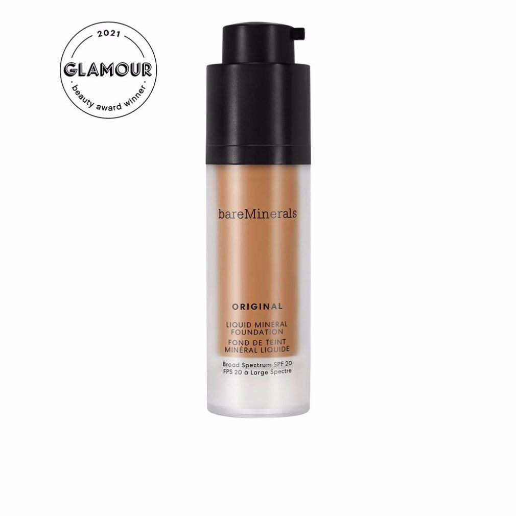 Fondotinta liquido in flacone trasparente con erogatore nero. Scritta: bareMinerals, Original, Liquid Mineral Foundation. Premio Glamour.