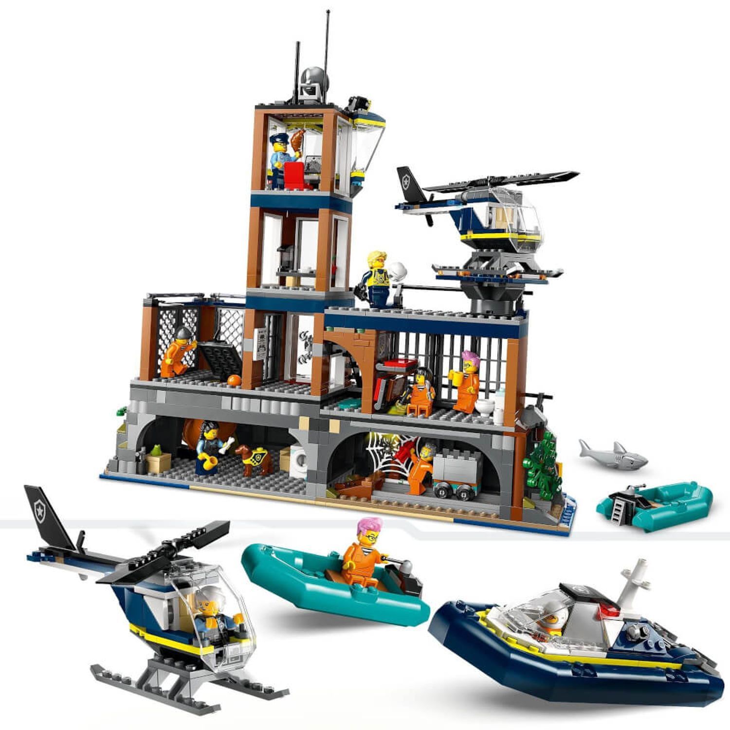 LEGO City Prigione sull'Isola. Set con prigione, elicottero, barche e personaggi. Dettaglio del set.