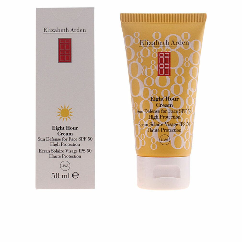 Tubo e scatola gialli. Scritta: Elizabeth Arden, Eight Hour Cream, Sun Defense for Face SPF 50. Alta protezione solare. 50 ml.