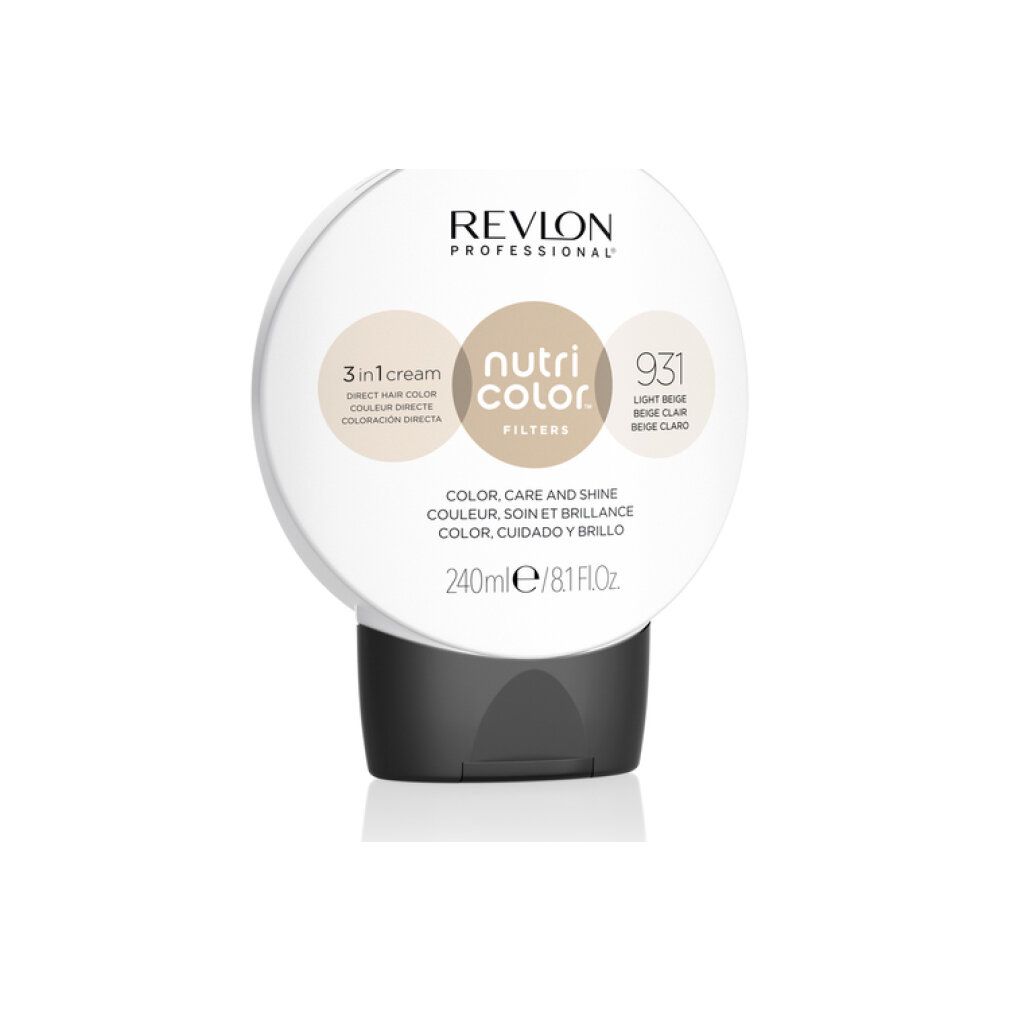 Tubo rotondo con tappo nero. Scritta: Revlon Professional, Nutri Color Filters 931. 240ml.