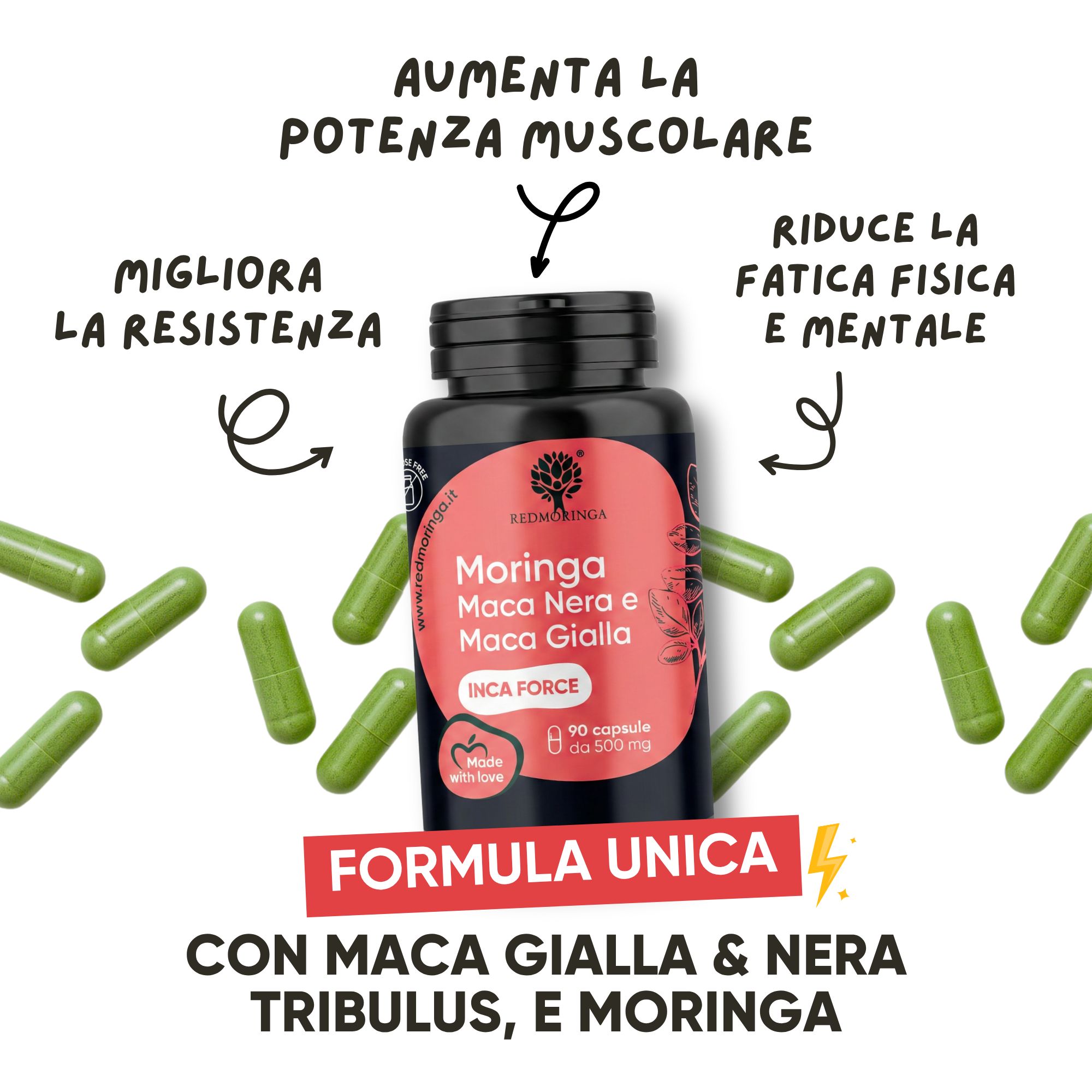 Flacone nero con etichetta verde per Moringa, Maca Nera e Maca Gialla. 90 capsule da 500 mg.