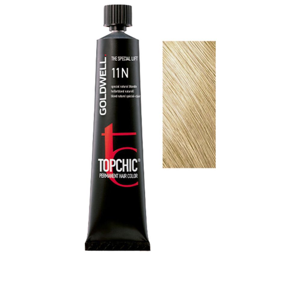 Tubo nero Goldwell Topchic 11N e campione di capelli biondi. Testo: Permanent Hair Color.