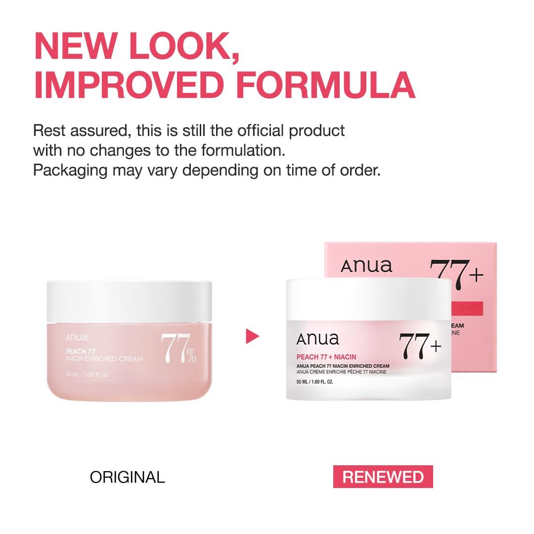 Vaso di crema e confezione. Scritta: Anua Peach 77% Niacin Enriched Cream. Confronto: Originale e rinnovato.