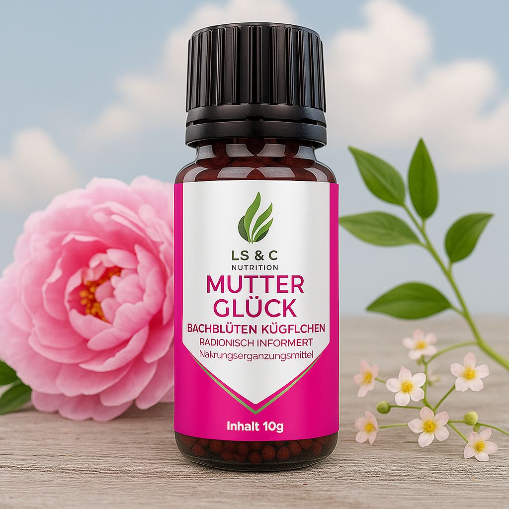 Flacone di vetro marrone con tappo nero ed etichetta rosa, accanto a una rosa e fiori. Scritta: LS & C Nutrition, Mutterglück.