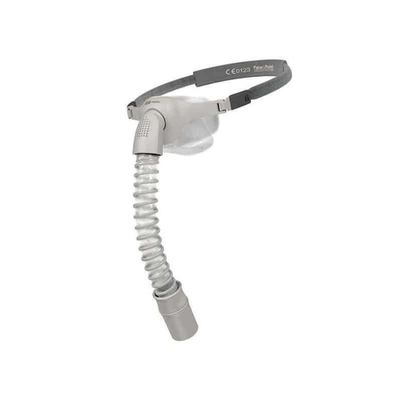 Maschera leggera per il sonno con tubo flessibile e fascia. Marchio CE visibile.