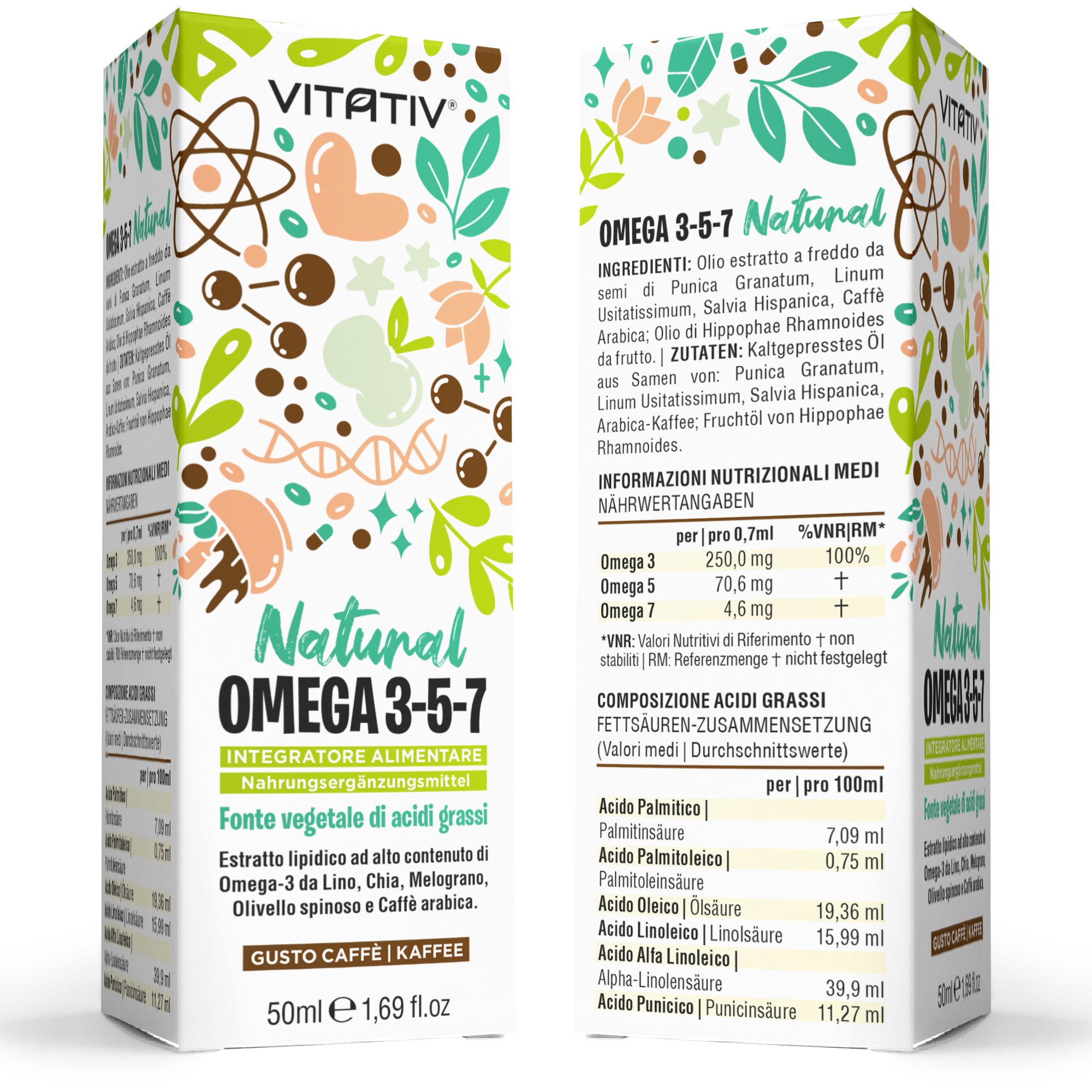Vitativ® Omega 3-5-7 Fonte Vegetale Acidi Grassi con Acido Oleico, Linoleico, Alfa Linoleico, Caffè