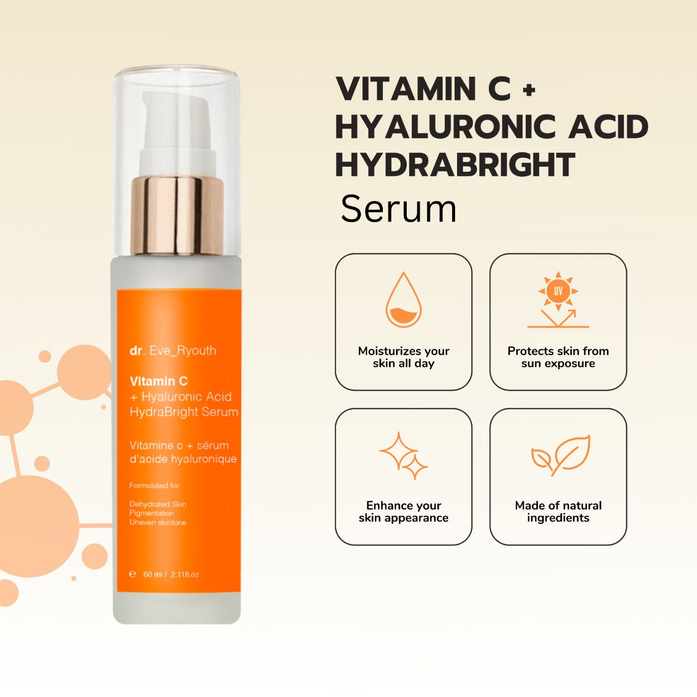 Flacone di siero Dr. Eve Ryouth Vitamina C + Acido Ialuronico Hydrabright accanto a quattro icone di benefici.