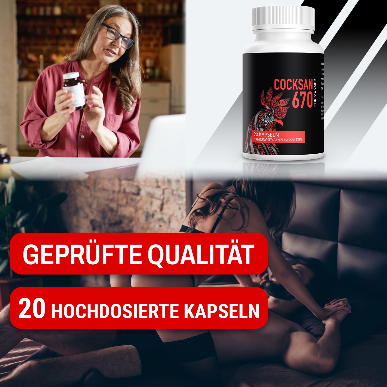 Donna tiene flacone Cocksan 670. Scritta 20 capsule ad alta dose. Sfondo con coppie e grafica rossa. Qualità testata.
