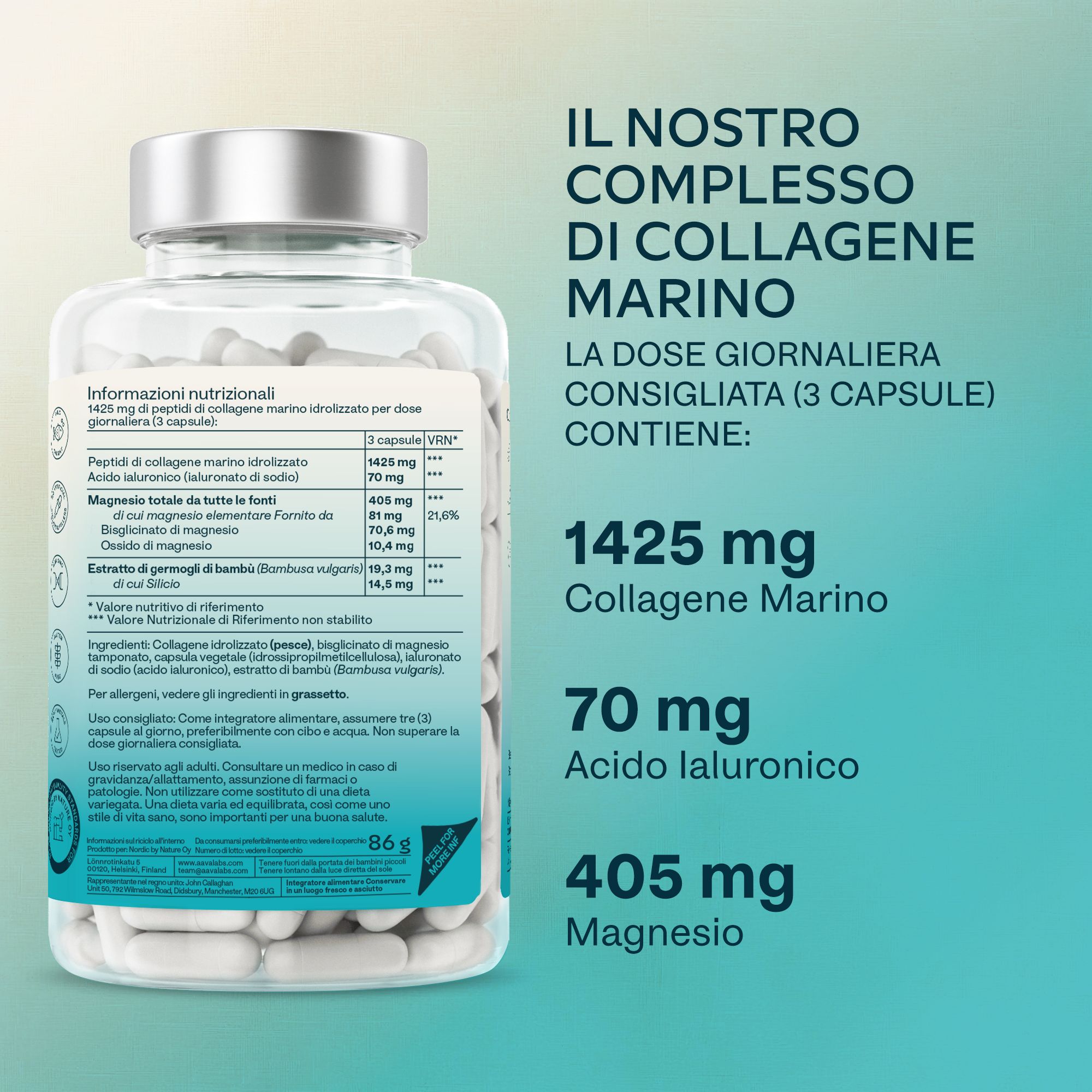 Retro di un flacone di Aavalabs Meereskollagen. Contiene informazioni nutrizionali: 1425 mg di collagene, 70 mg di acido ialuronico, 405 mg di magnesio.