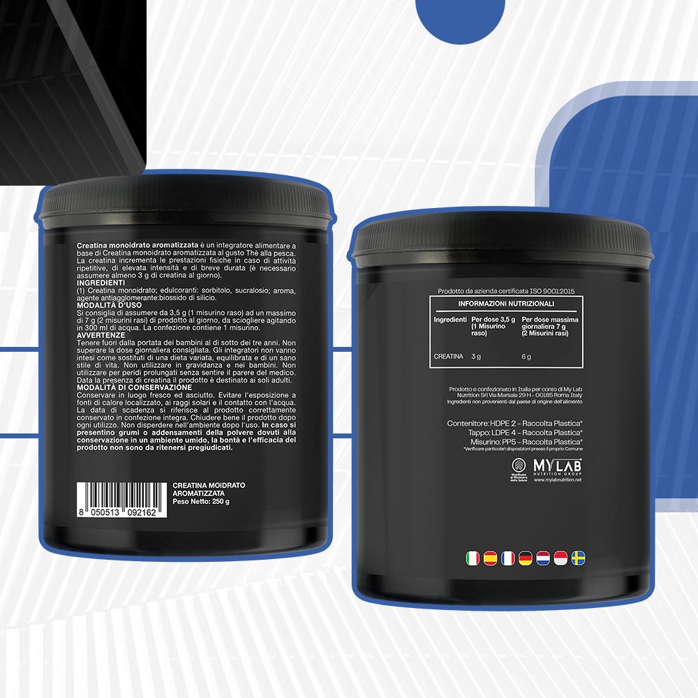 Due lati di un barattolo nero. Testo: Creatina Monoidrato. Ingredienti. Informazioni nutrizionali. Made in Italy. Logo MYLAB.