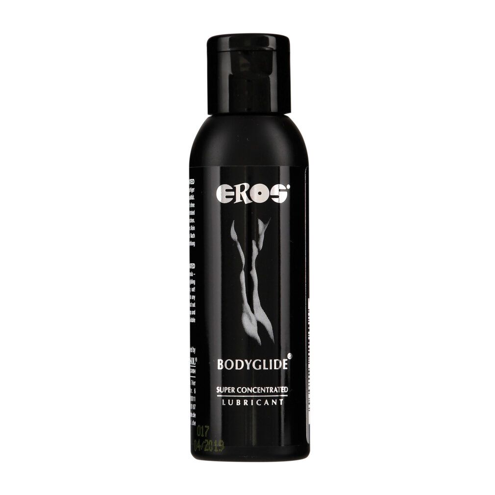 Flacone nero con tappo nero. Scritta EROS, BODYGLIDE, SUPER CONCENTRATED LUBRICANT. Silhouette femminile.