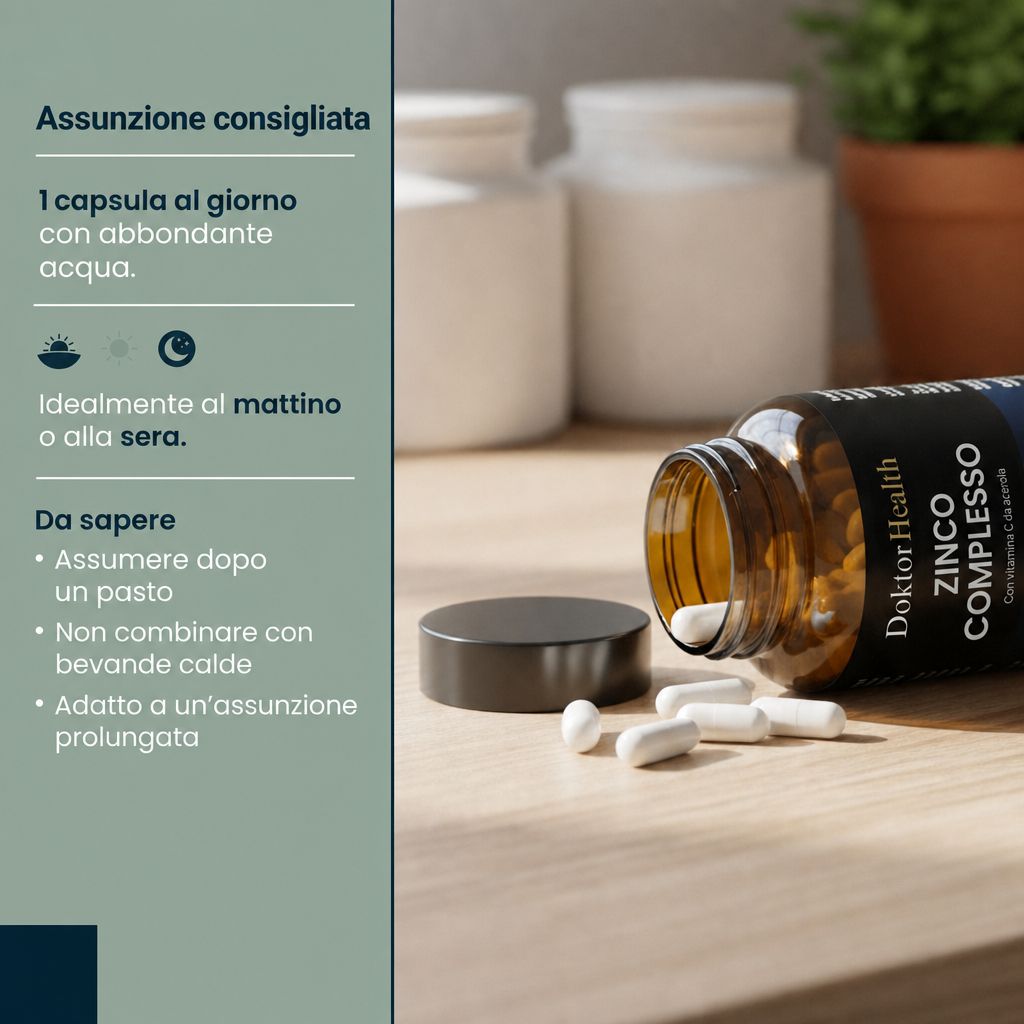 Doktor Health Zink Komplex Capsule su tavolo in legno, una bottiglia sdraiata. Testo italiano: Assunzione consigliata.