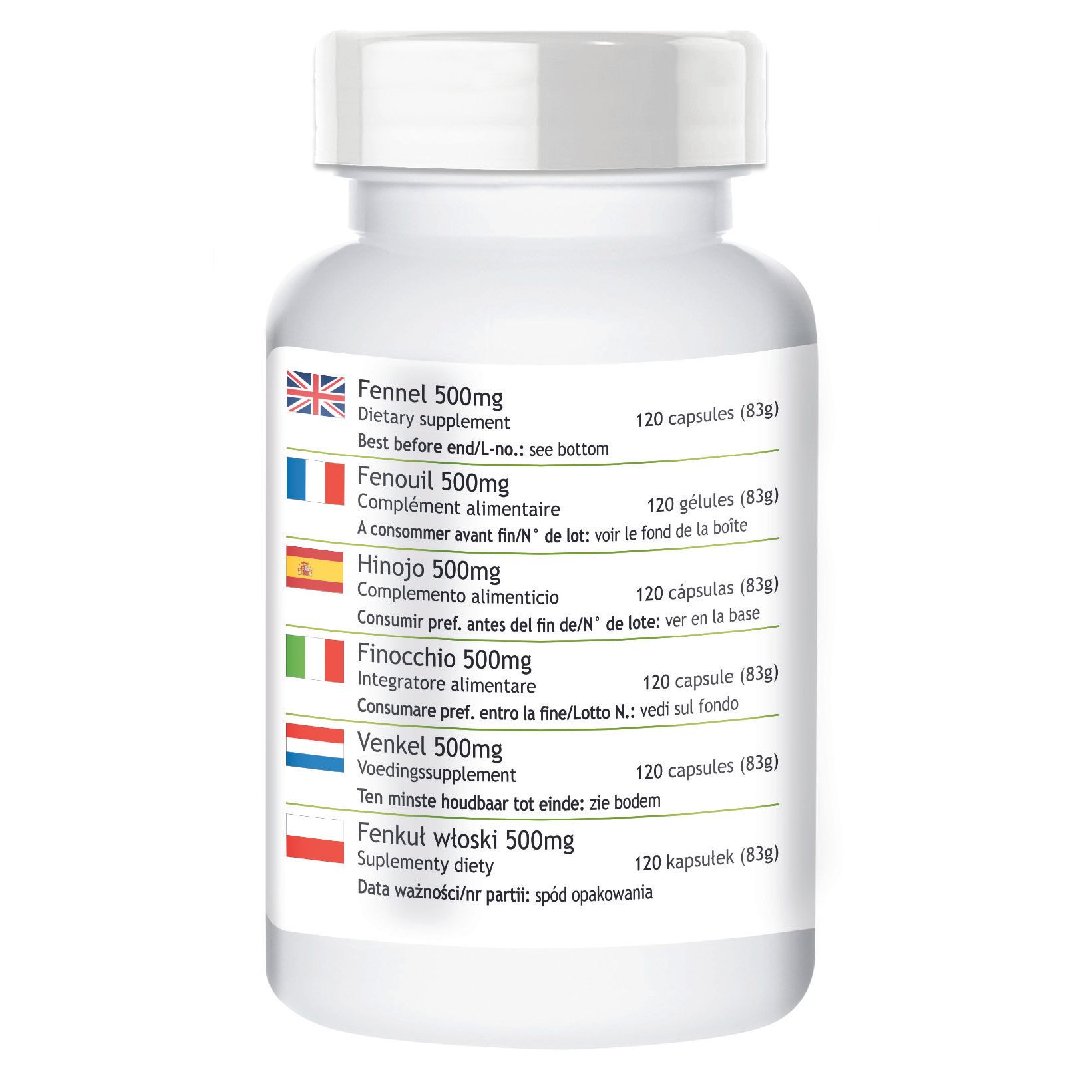 Retro del flacone. Informazioni multilingue: Finocchio 500mg, 120 capsule. Lingue: inglese, francese, spagnolo, italiano, olandese, polacco.