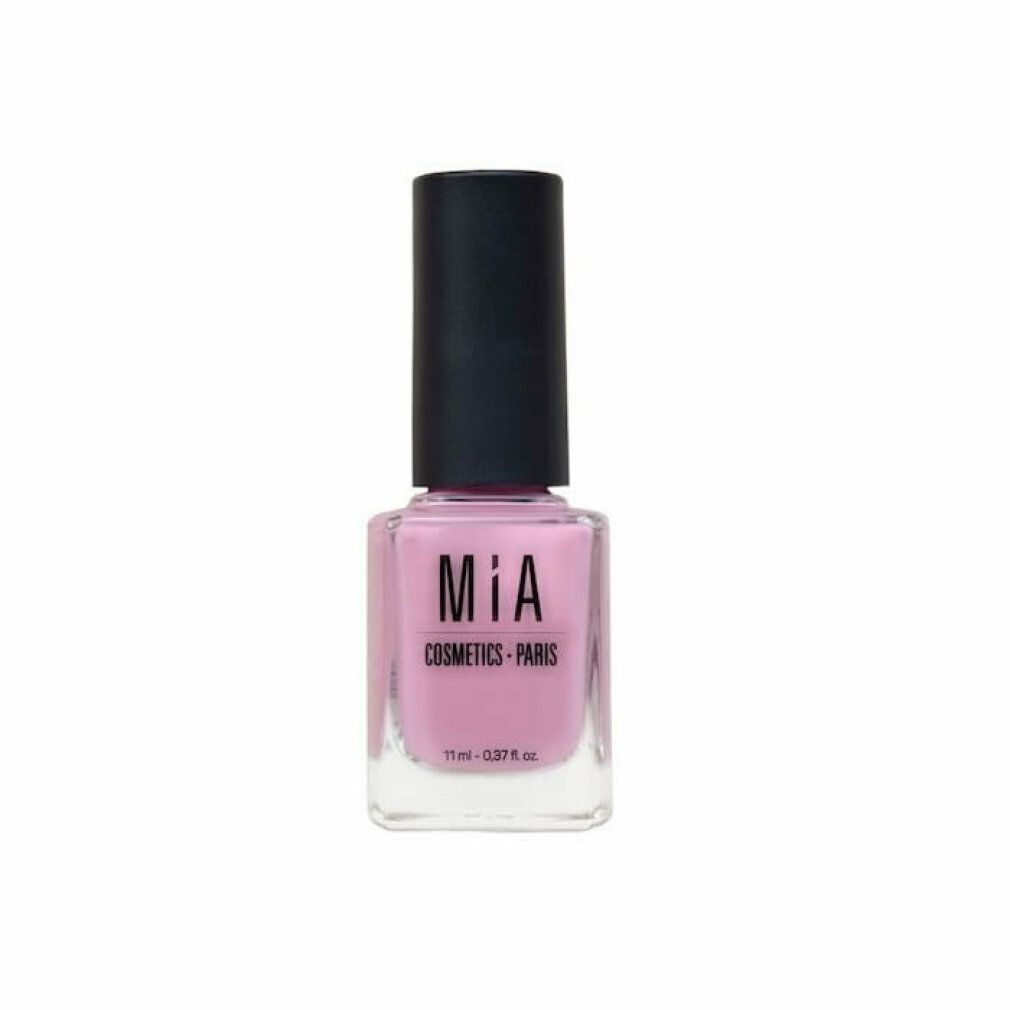Flacone di smalto rosa. Tappo nero. Marchio: MiA Cosmetics - Paris. Volume: 11 ml.