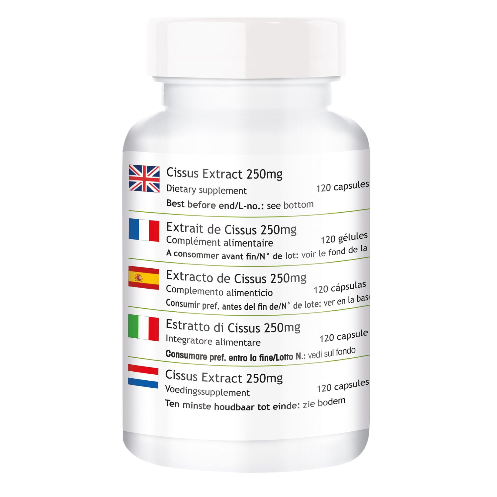 Retro del flacone. Informazioni multilingue: Cissus Extract 250mg, Extrait de Cissus 250mg, Extracto de Cissus 250mg, Estratto di Cissus 250mg, Cissus Extract 250mg.