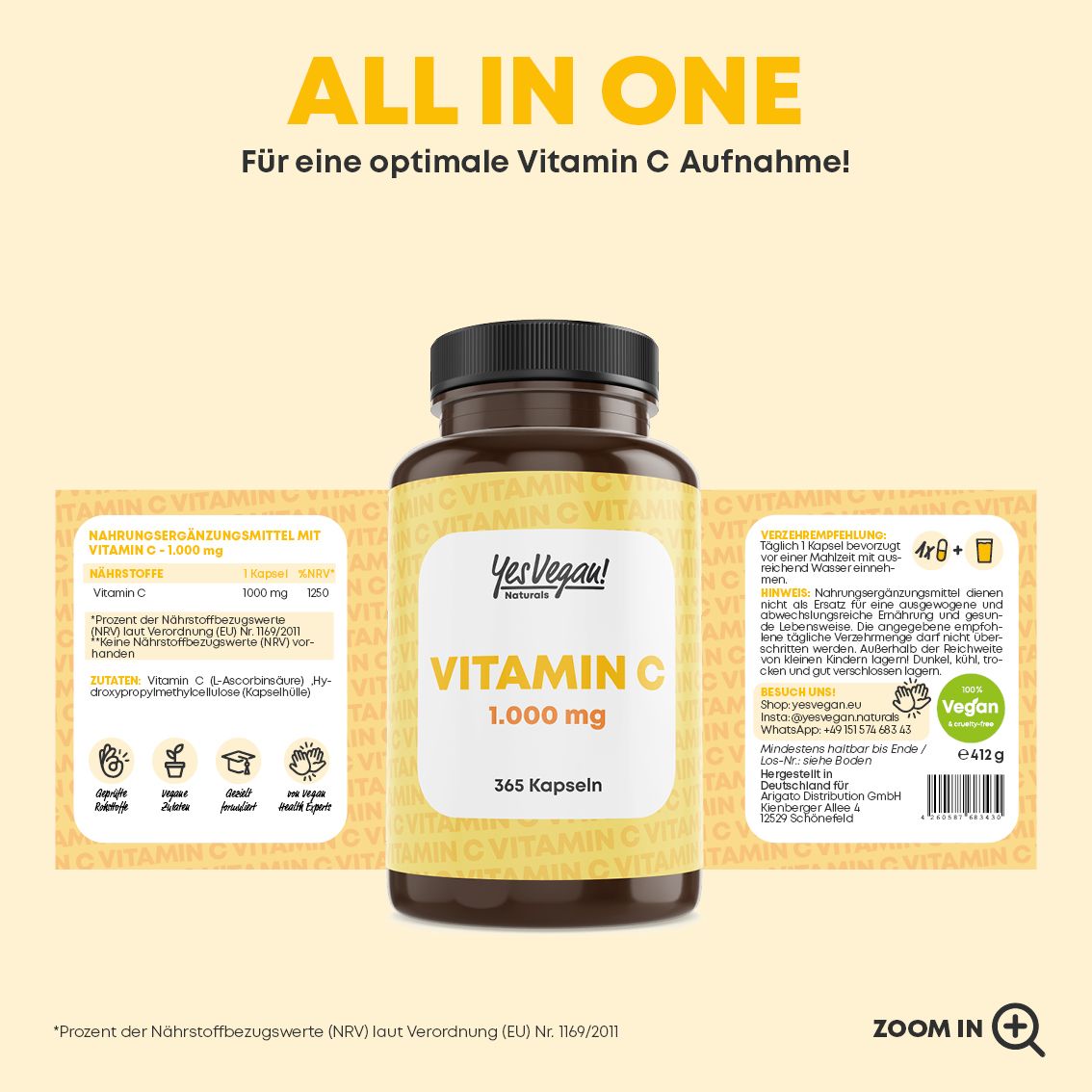 Flacone da 365 capsule vegane di Vitamina C, 1000 mg per capsula. Scorta annuale.