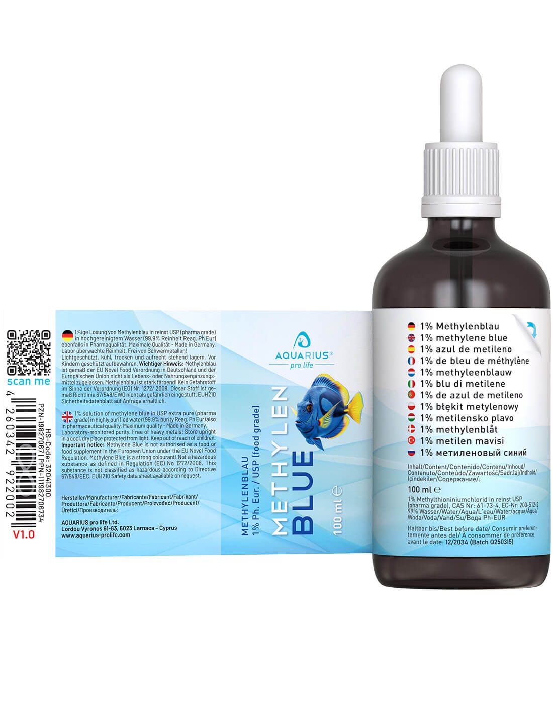 Flacone marrone con contagocce. Scritta: METHYLEN BLUE, AQUARIUS pro life. Etichetta con testo multilingue. 100 ml.