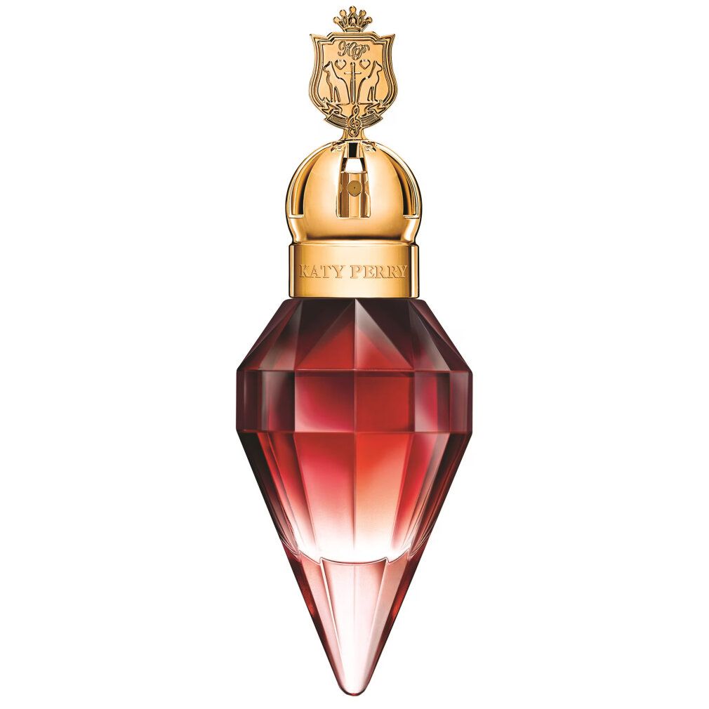 Flacone rosso con tappo dorato. Flacone a forma di diamante sfumato. Tappo dorato con corona.