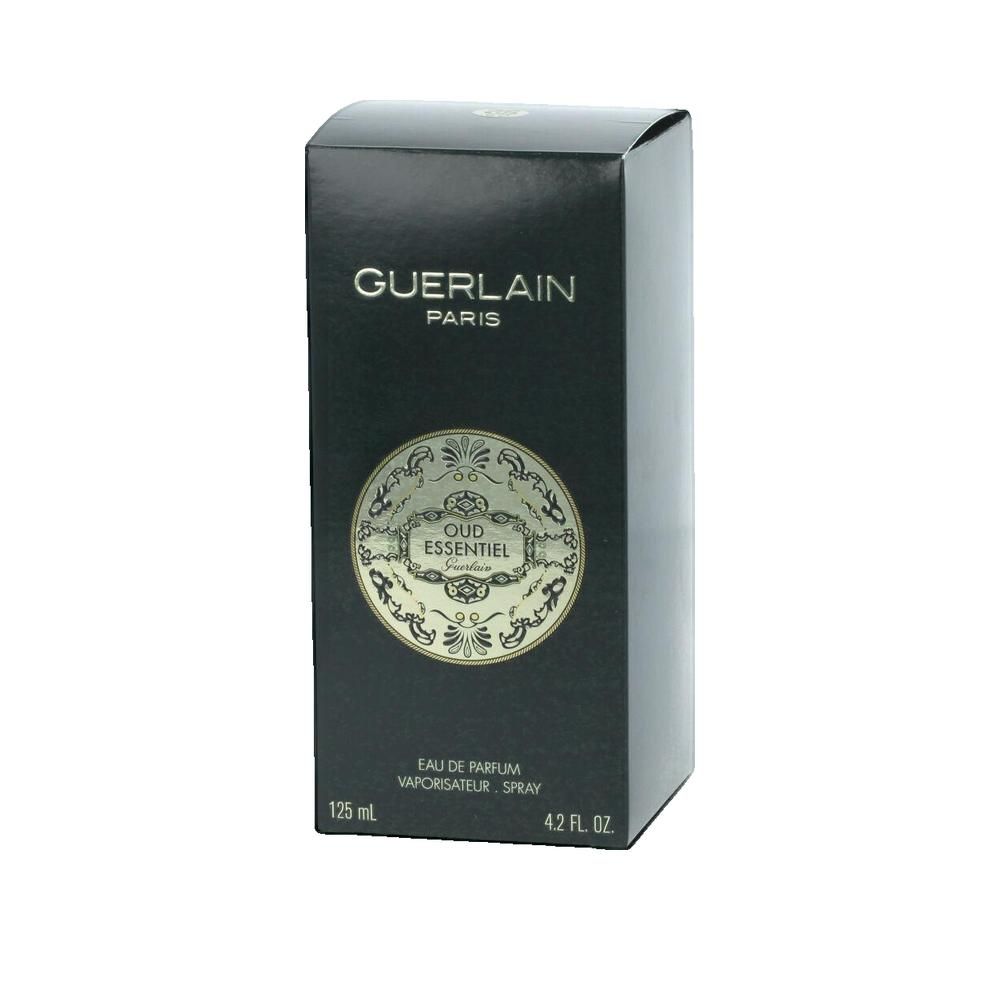 Scatola nera con informazioni sul prodotto. Scritta: GUERLAIN PARIS, Oud Essentiel, Eau de Parfum, 125 ml, 4.2 FL. OZ.