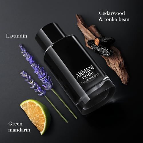 Flacone nero con lavanda, mandarino e fava tonka. Scritta: ARMANI CODE Eau de Toilette.