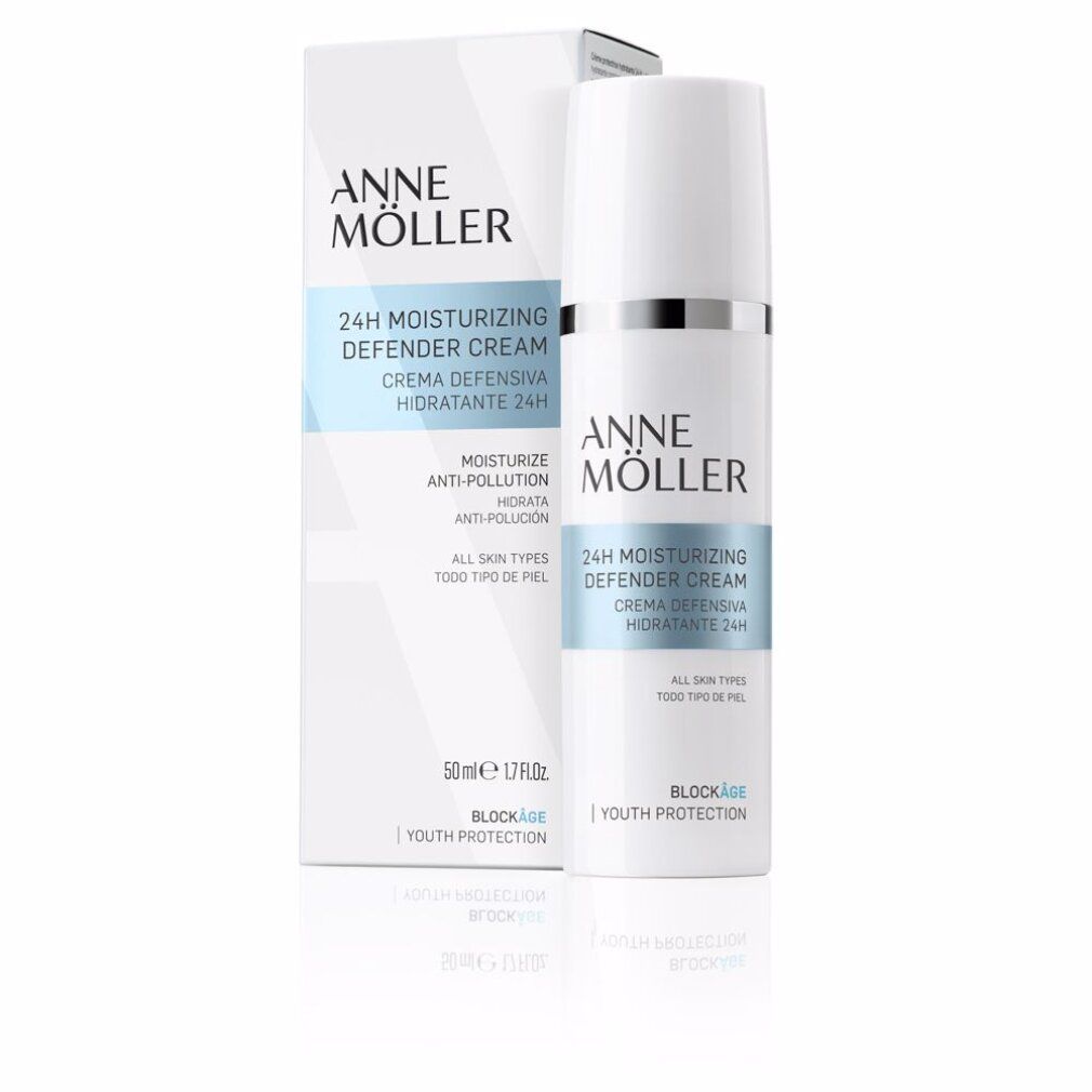 Flacone e scatola di crema. Scritta: Anne Möller, 24H Moisturizing Defender Cream. Contiene testo in spagnolo. 50ml.