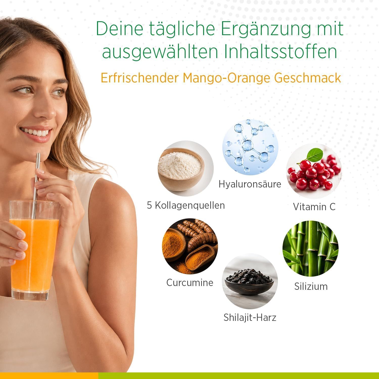 Donna beve bevanda mango-arancia. Ingredienti: acido ialuronico, 5 fonti di collagene, vitamina C, curcumina, silicio.