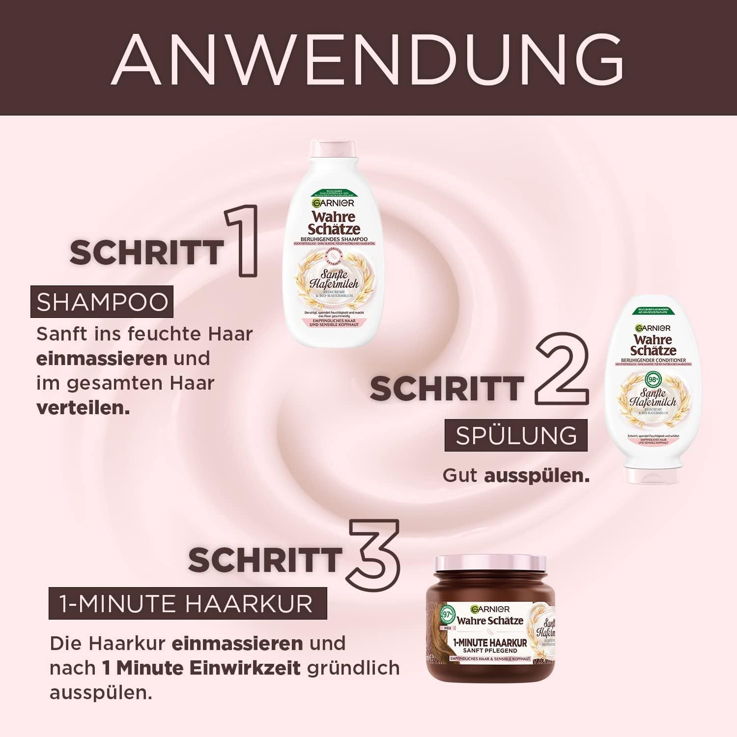 Fasi di applicazione: Shampoo, risciacquo, trattamento per capelli da 1 minuto. Prodotti: Shampoo, balsamo e trattamento per capelli Garnier Wahre Schätze.
