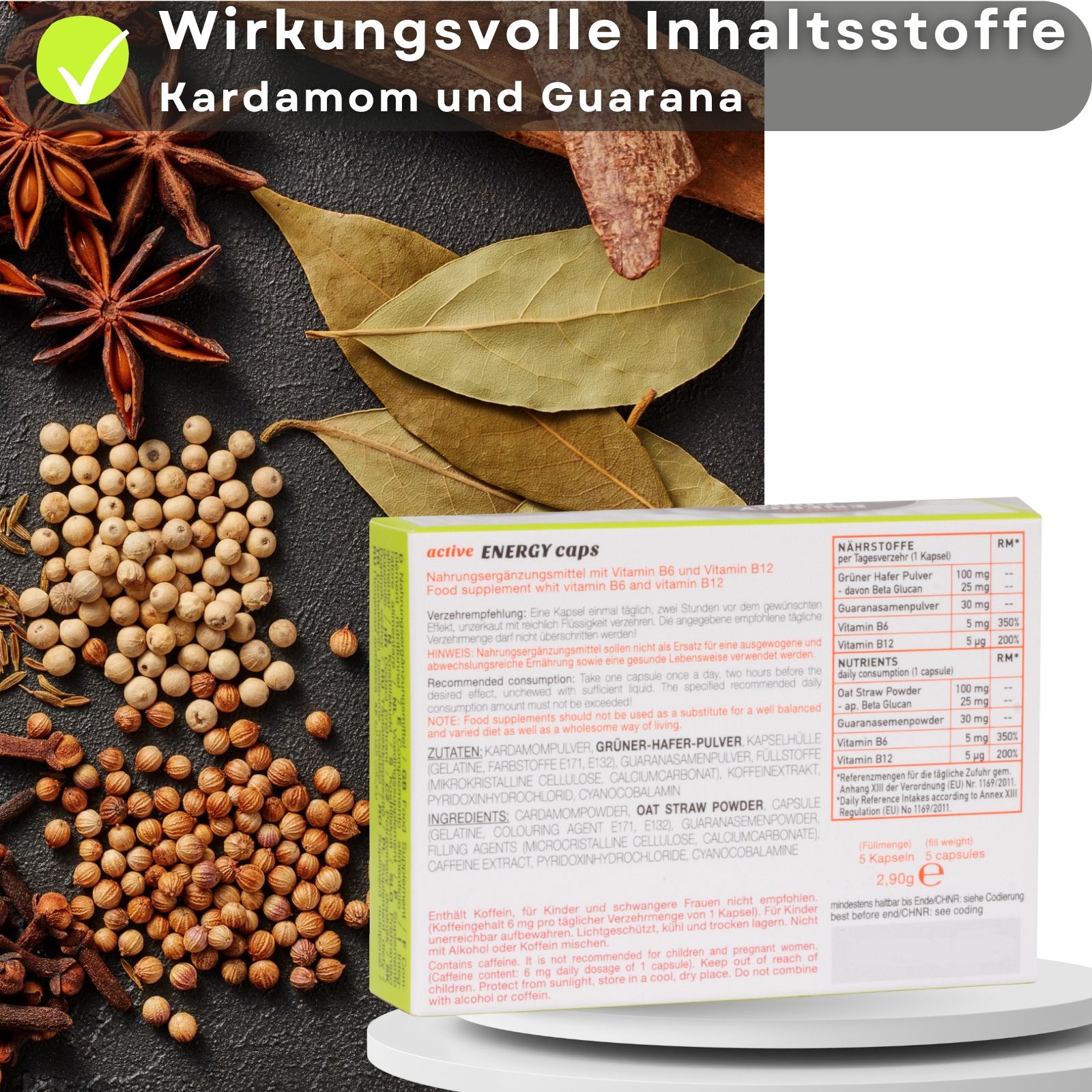 Retro della confezione "Ero active ENERGY caps" con informazioni nutrizionali.