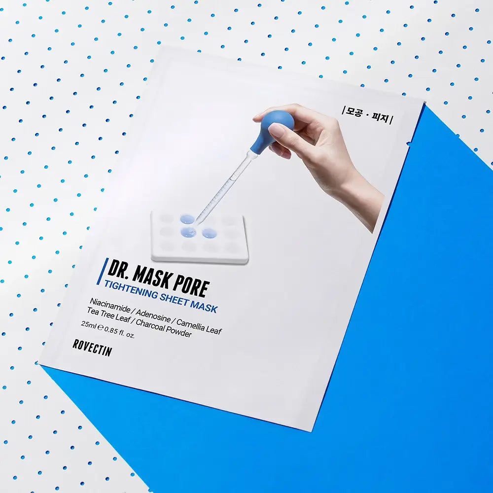 ROVECTIN DR. Mask Pore Tightening Sheet Mask, confezionata e su sfondo blu a pois.