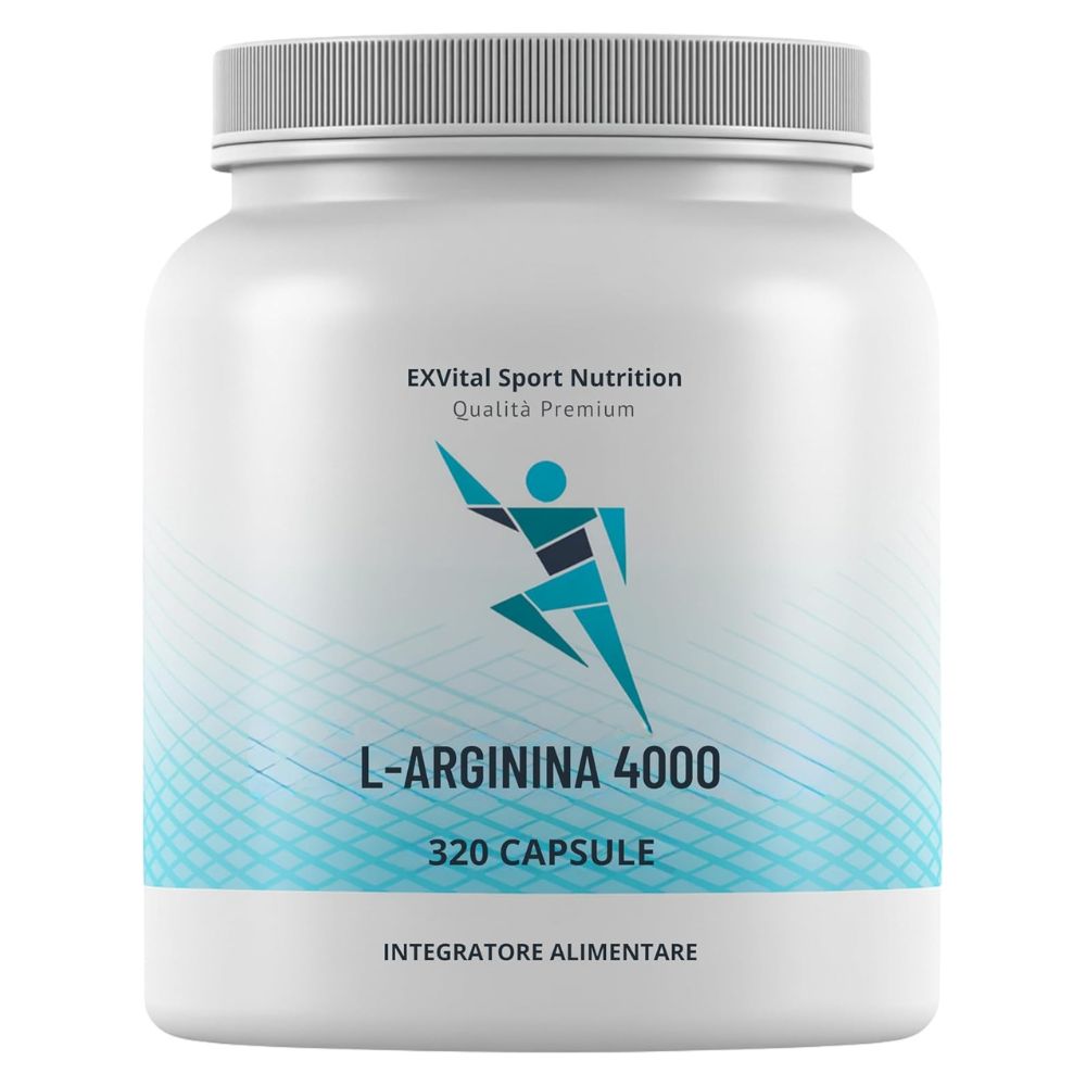 Barattolo bianco L-Arginina 4000. Testo: 320 capsule, Integratore Alimentare. Design blu con figura.