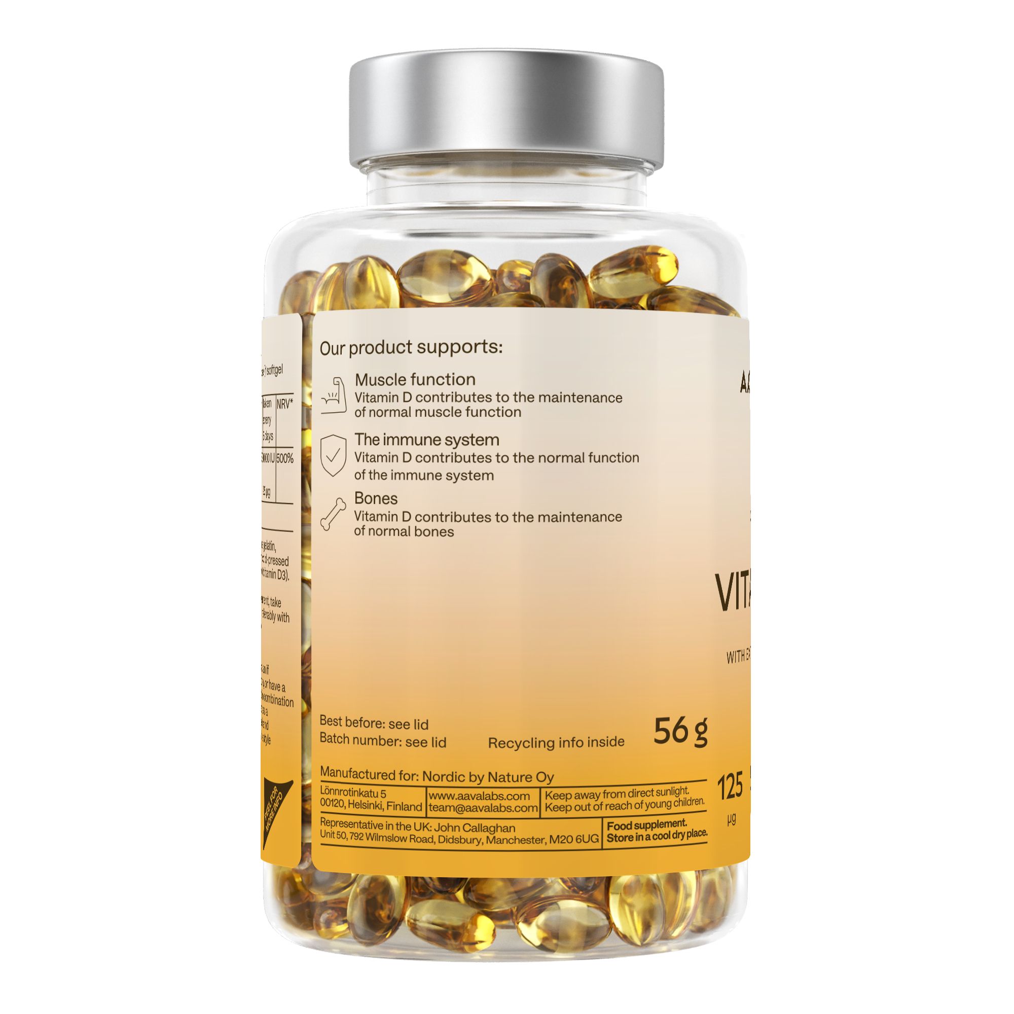 Retro di un flacone di capsule di vitamina D3. Etichetta con informazioni su funzione muscolare, immunitaria e ossea.