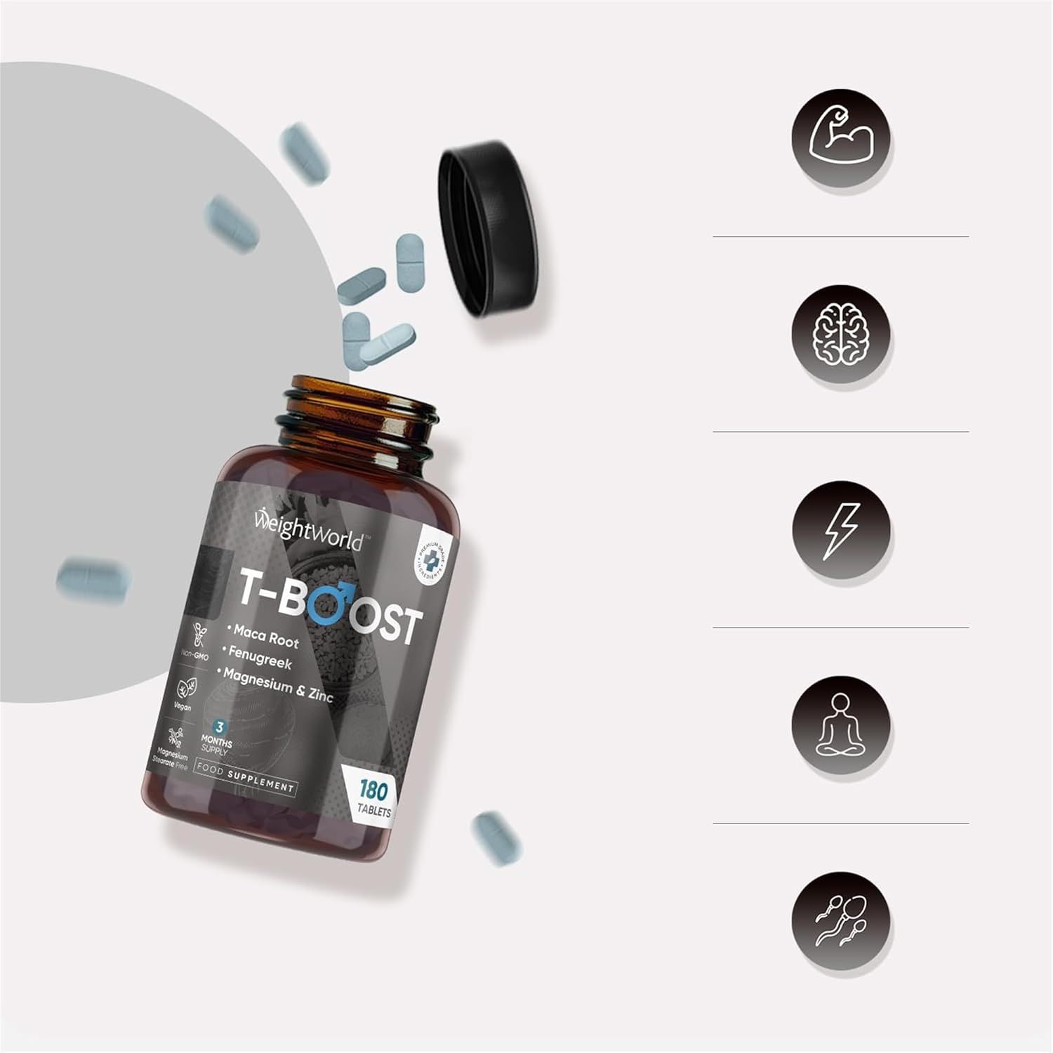 Flacone T-BOOST con compresse. 180 compresse. Compresse blu che cadono dal flacone. Simboli.