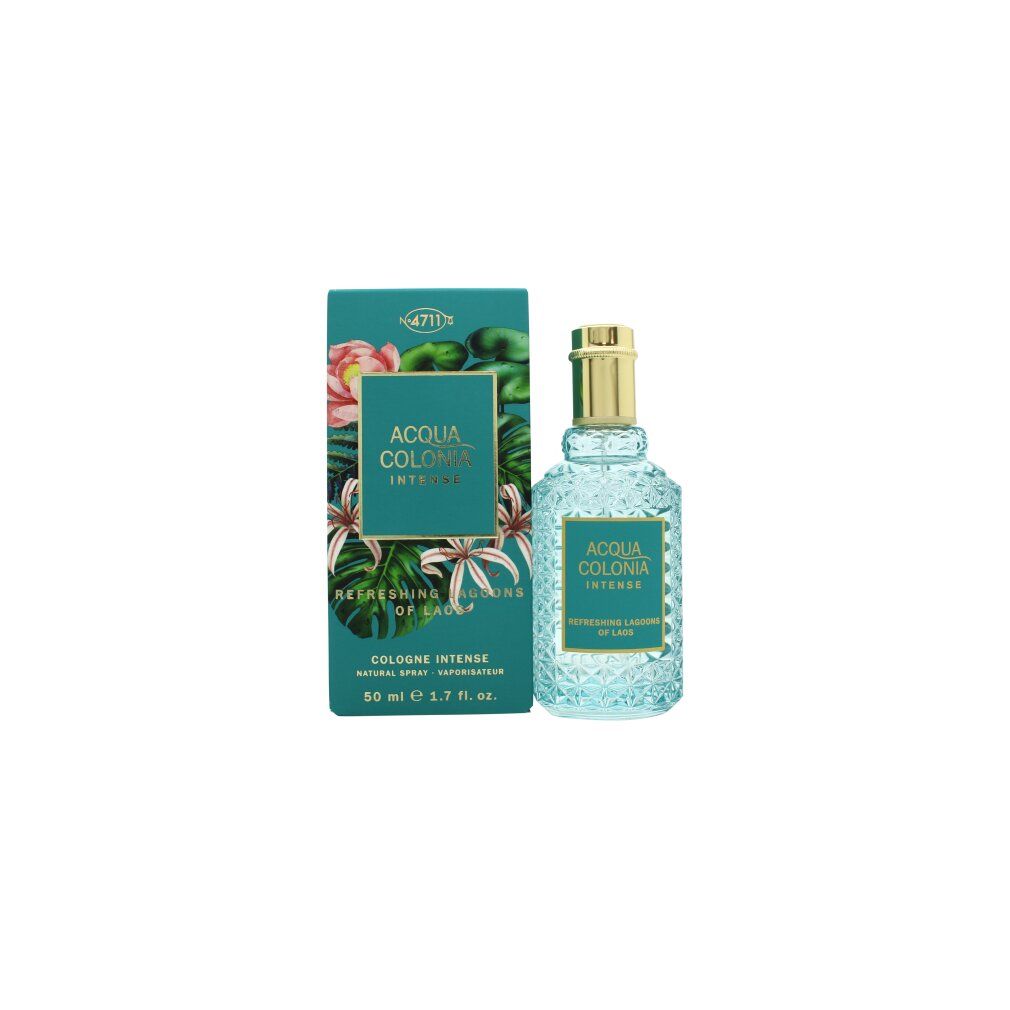 Flacone in vetro con tappo dorato e una scatola regalo con motivi tropicali.