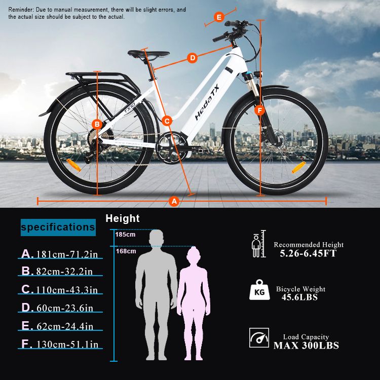 E-bike bianca HedaTX TX10. Dimensioni e specifiche: altezza 185 cm, peso 45,6 lbs, capacità max. 300 lbs. Altezza consigliata: 5.26-6.45FT.