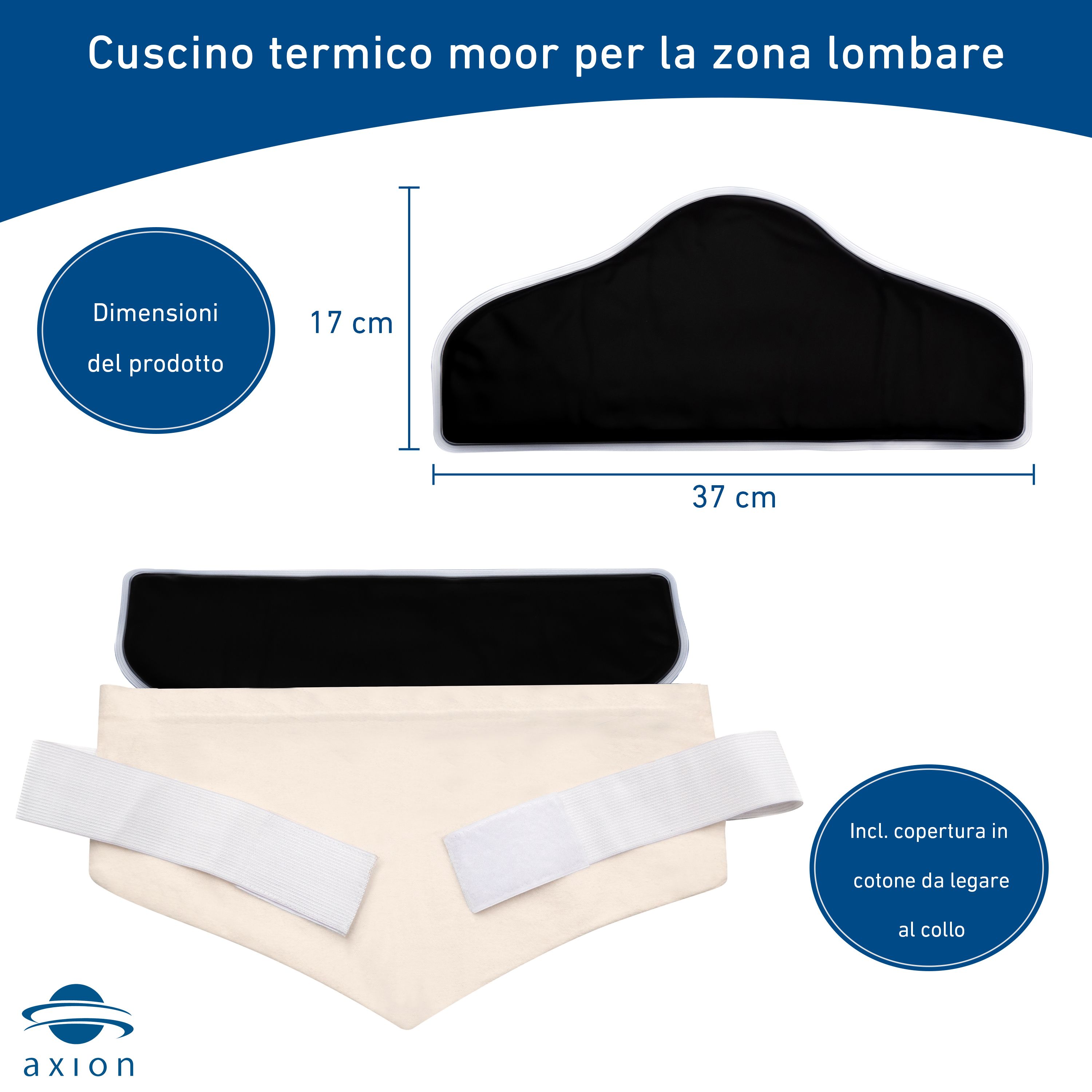 Cuscino termico, fodera cotone, fasce velcro. Misure: 37x17cm. Logo axion®.