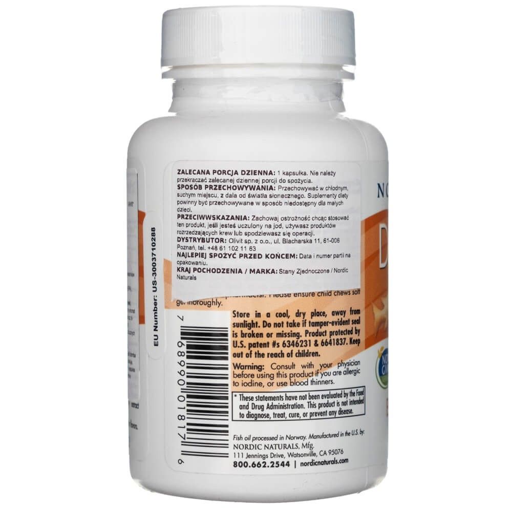Retro del flacone Nordic Naturals Daily Omega Kids con istruzioni per la conservazione e avvertenze.