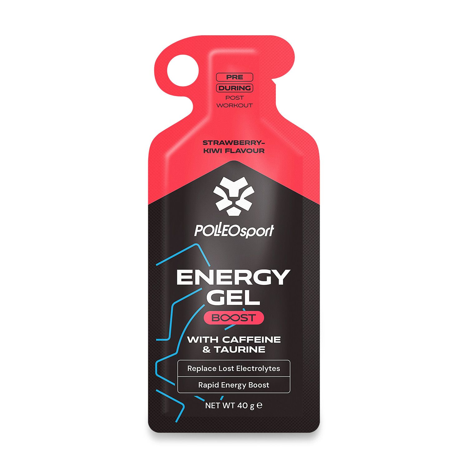 Confezione singola di PolleoSport Energy Gel. Confezione rossa e nera con informazioni sul prodotto e logo. Gusto fragola-kiwi.