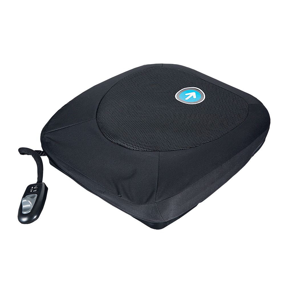 Dispositivo elettrico nero per l'assistenza al sollevamento con logo blu e telecomando. Forma quadrata.