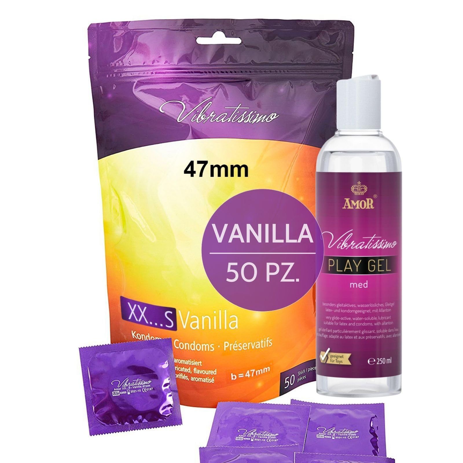 Confezione da 50 preservativi aromatizzati (47mm) e una bottiglia di Play Gel Vaniglia (250ml).