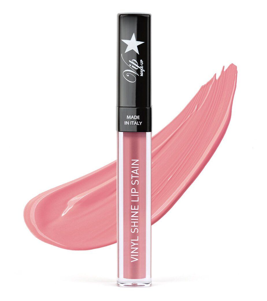 Un lucidalabbra vinile rosa con "VINYL SHINE LIP STAIN" e "MADE IN ITALY".