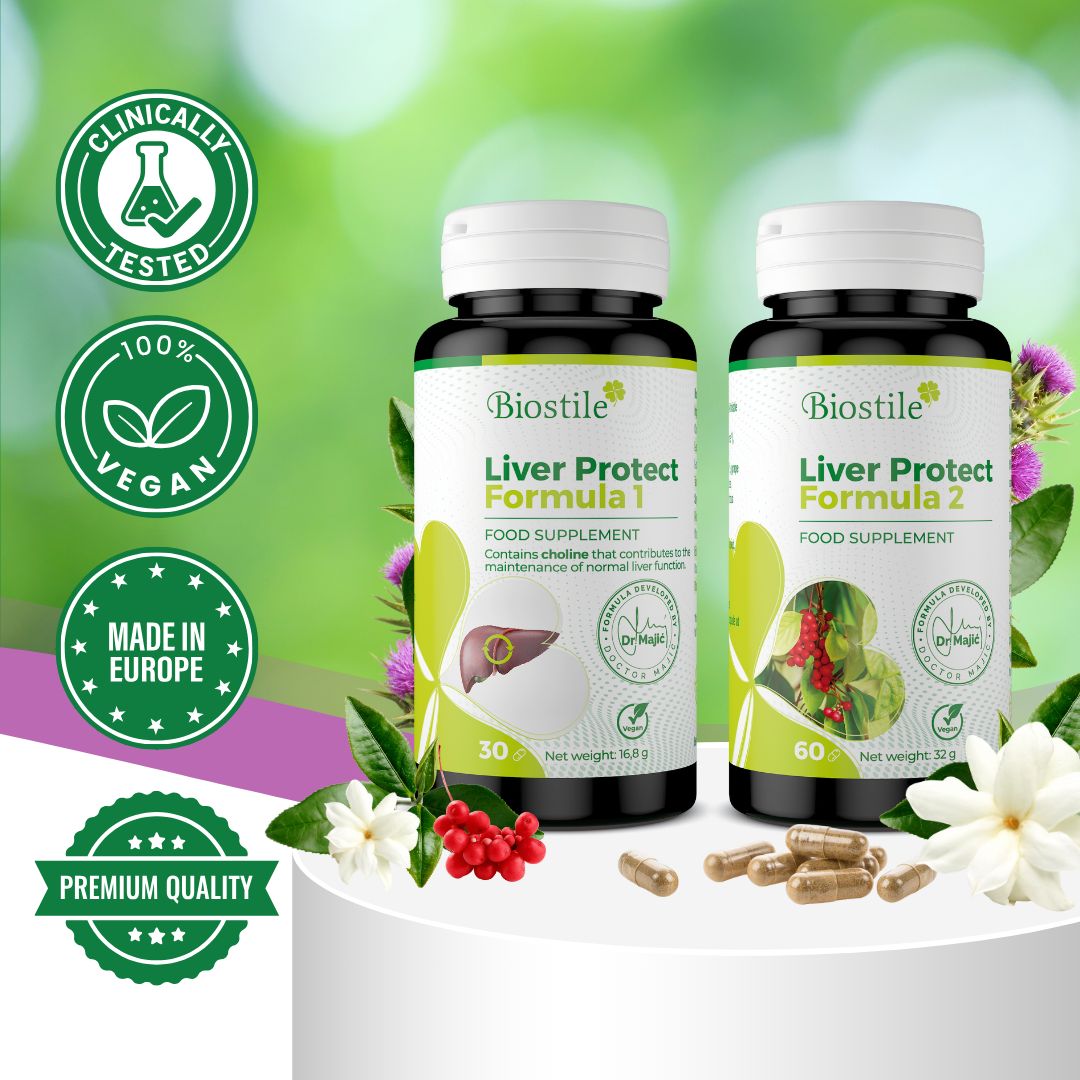 Due flaconi "Biostile Liver Protect Formula 1" e "Formula 2". Loghi di qualità e certificazioni.