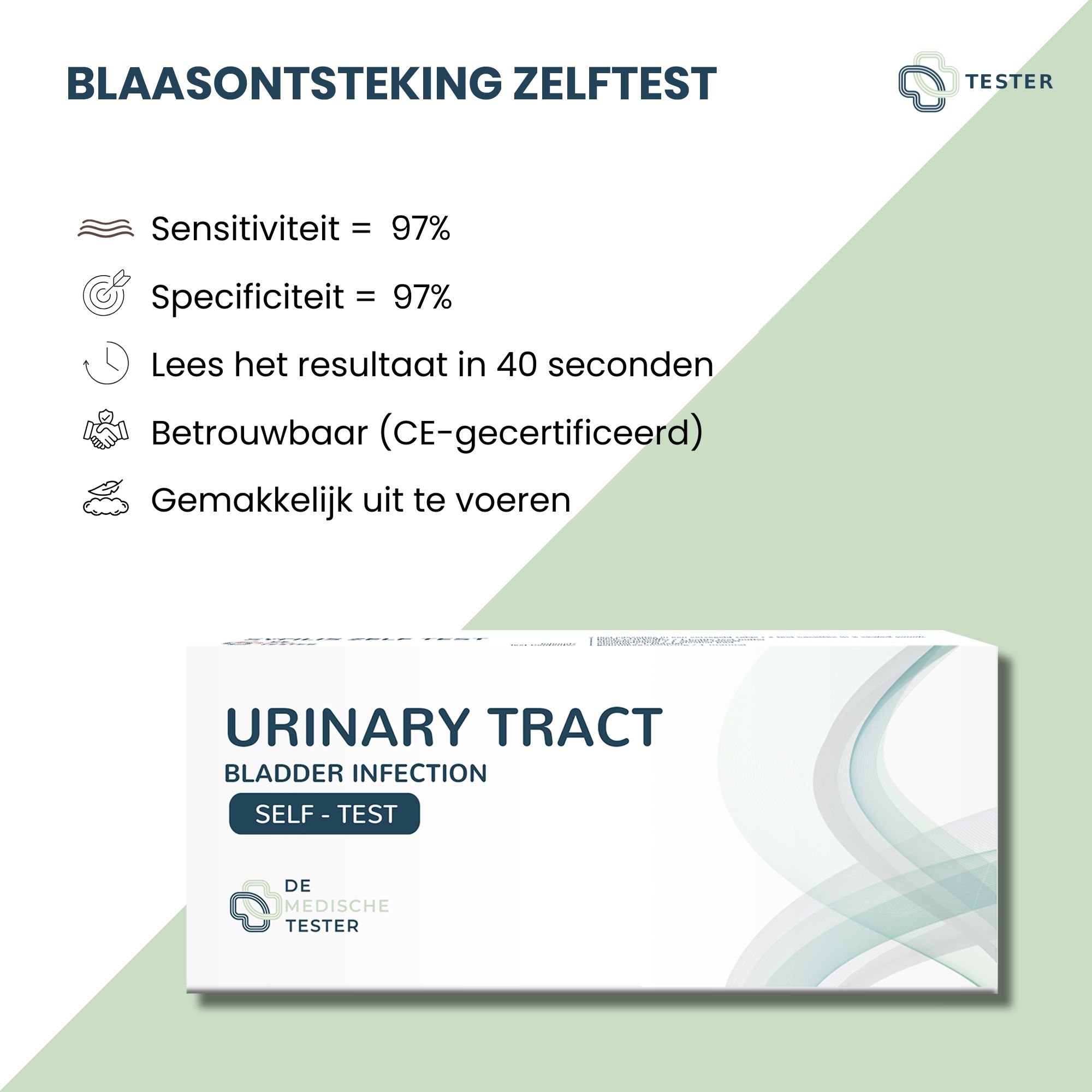 Infografica con testo: Sensibilità 97%, Specificità 97%, risultato in 40 secondi, affidabile (certificato CE), facile da eseguire. Confezione prodotto.