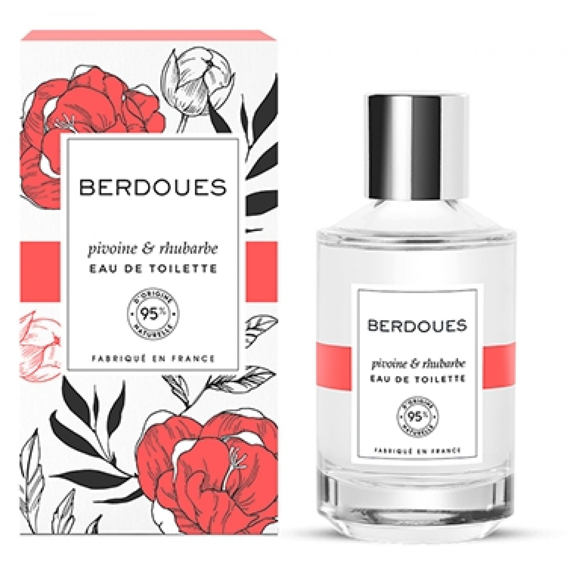 Flacone e confezione di profumo a tema peonia e rabarbaro. Berdoues Pivoine & Rhubarbe Eau de Toilette.