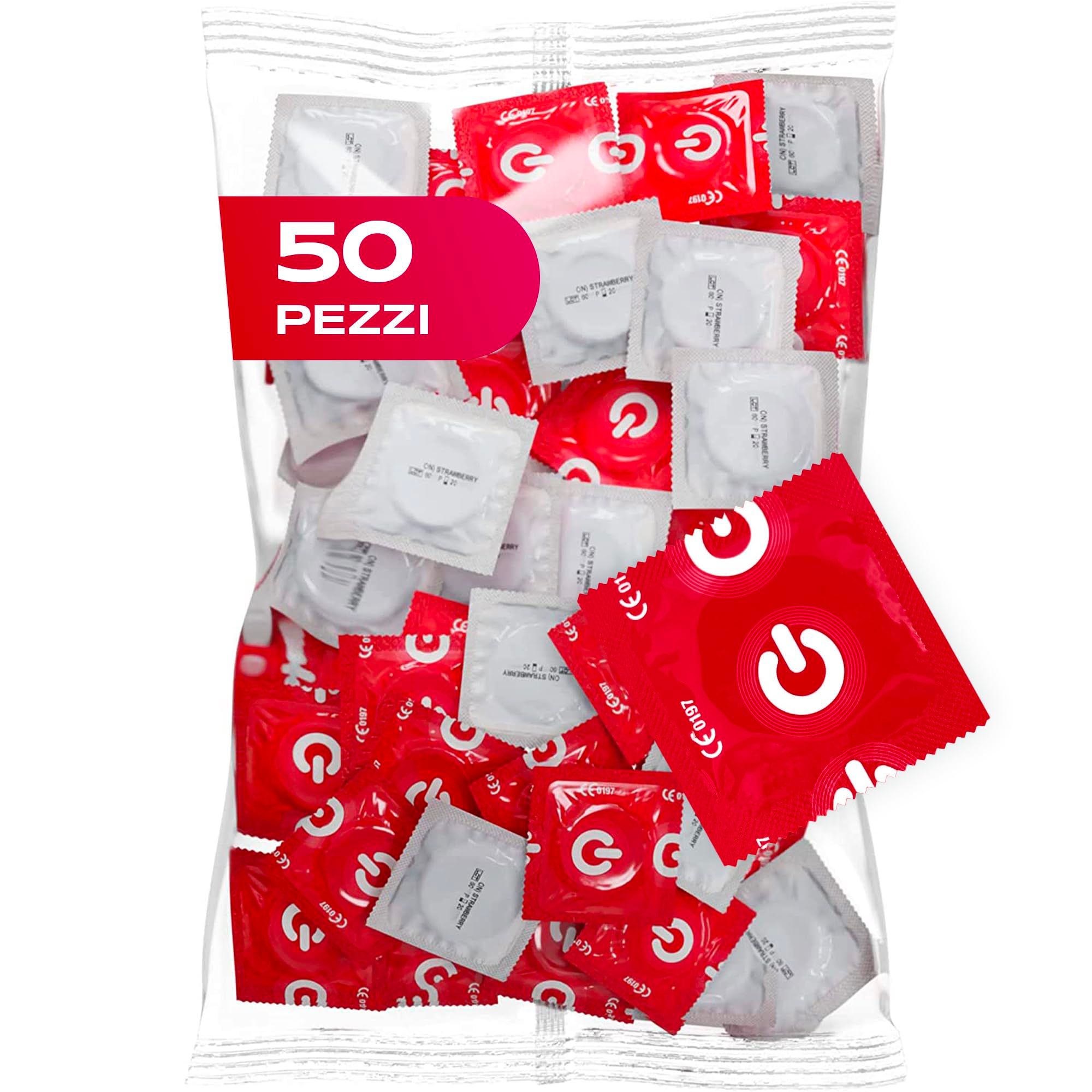 Confezione da 50 preservativi confezionati singolarmente, rossi e bianchi.